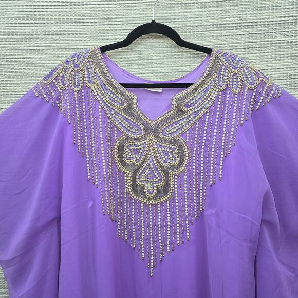 Indian Maxi Kaftan Dress Rhinestone Beaded Purple Chiffon Kimono Bohemian Boho - Picture 6 of 12